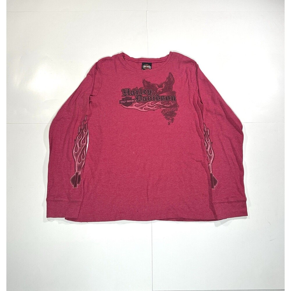 Harley Davidson Women's Long Sleeve Burgundy Vintage Shirt 1X Motorcycles Flames